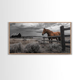 Rustic Horse, Country Fence, Western Scene, Moody Skies – Framed Canvas Print, Farmhouse Wall Art, Autumn Decor, Cabin Living, Cowboy Vibe