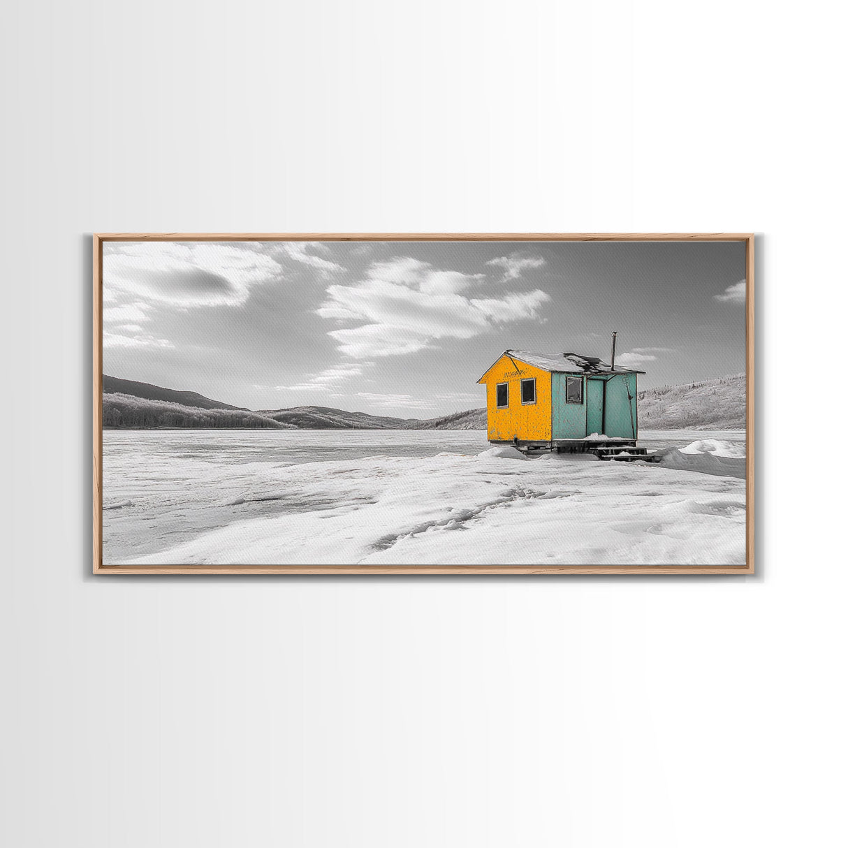 Yellow Cabin, Frozen Lake, Snowy Escape, Winter Minimalism – Framed Canvas Print, Scandinavian Wall Art, Cozy Living Room, Nordic Style