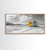 Yellow Cabin, Frozen Lake, Snowy Escape, Winter Minimalism – Framed Canvas Print, Scandinavian Wall Art, Cozy Living Room, Nordic Style