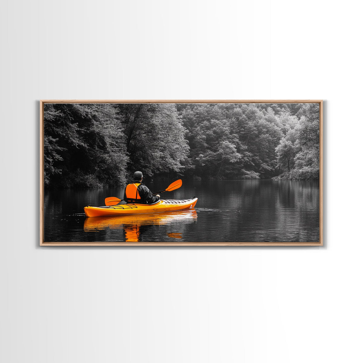 Kayaker Journey, Autumn Paddle, Wilderness Escape, Forest Calm – Canvas Print, Adventure Wall Art, Man Cave Decor, Nature Exploration Scene
