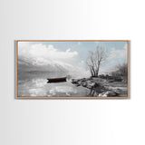 Solitary Boat, Alpine Lake, Tranquil Shore, Winter Silence – Canvas Print, Minimalist Wall Art, Bedroom Decor, Scandinavian Aesthetic