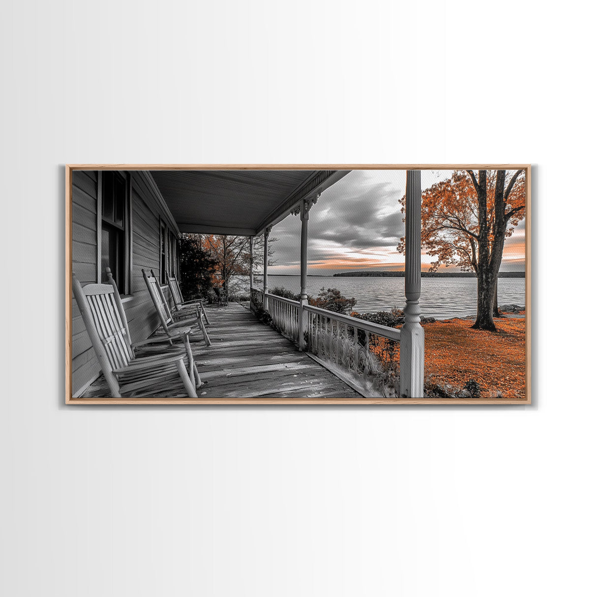 Lake Porch, Autumn Trees, Rocking Chairs, Sunset Serenity – Canvas Print, Fall Wall Art, Country Home Decor, Rustic Americana Landscape