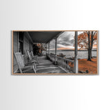 Lake Porch, Autumn Trees, Rocking Chairs, Sunset Serenity – Canvas Print, Fall Wall Art, Country Home Decor, Rustic Americana Landscape