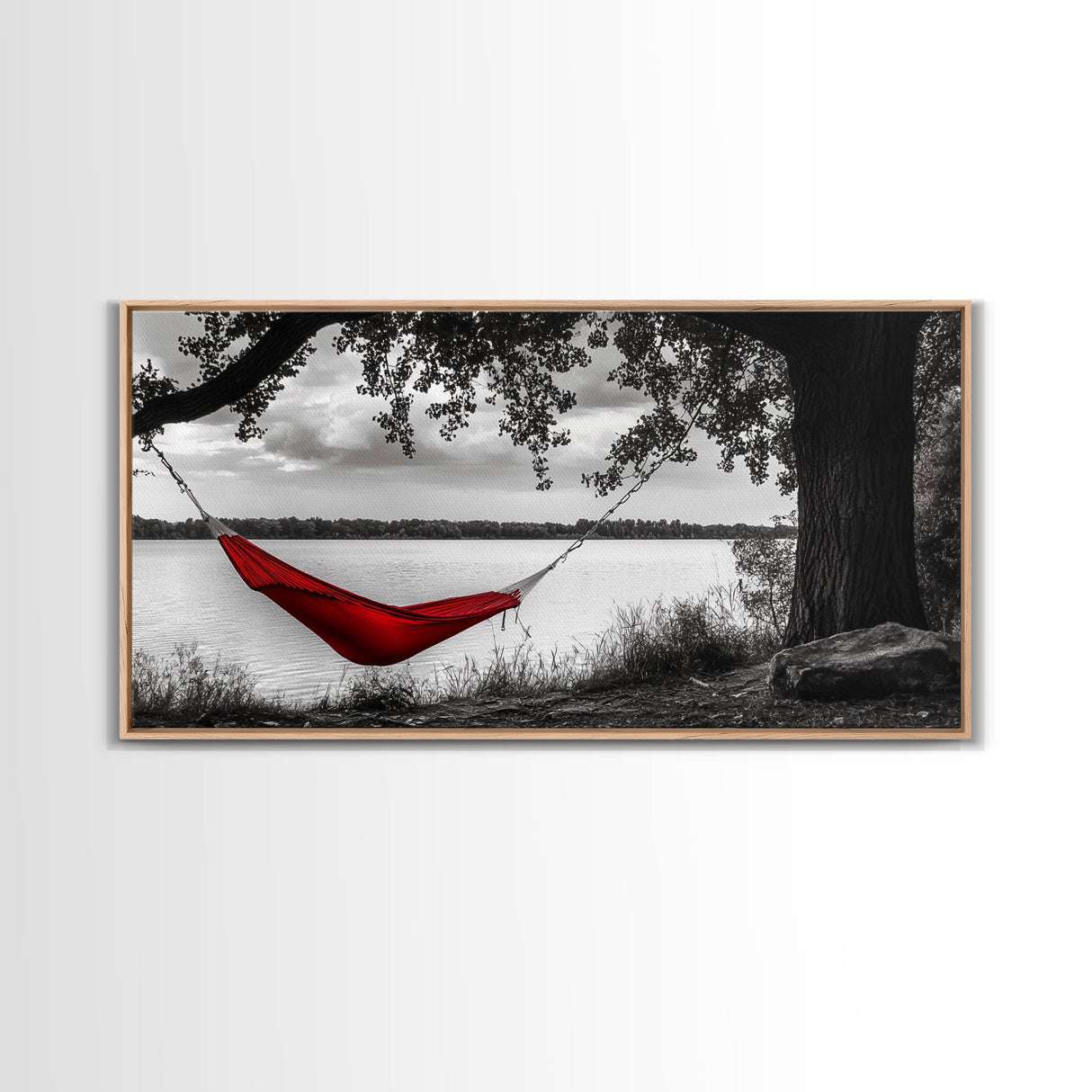 Red Hammock, Lakeside View, Tranquil Nature, Tree Shade, Framed Canvas Print, Boho Wall Art, Bedroom Decor, Relaxing Forest Landscape