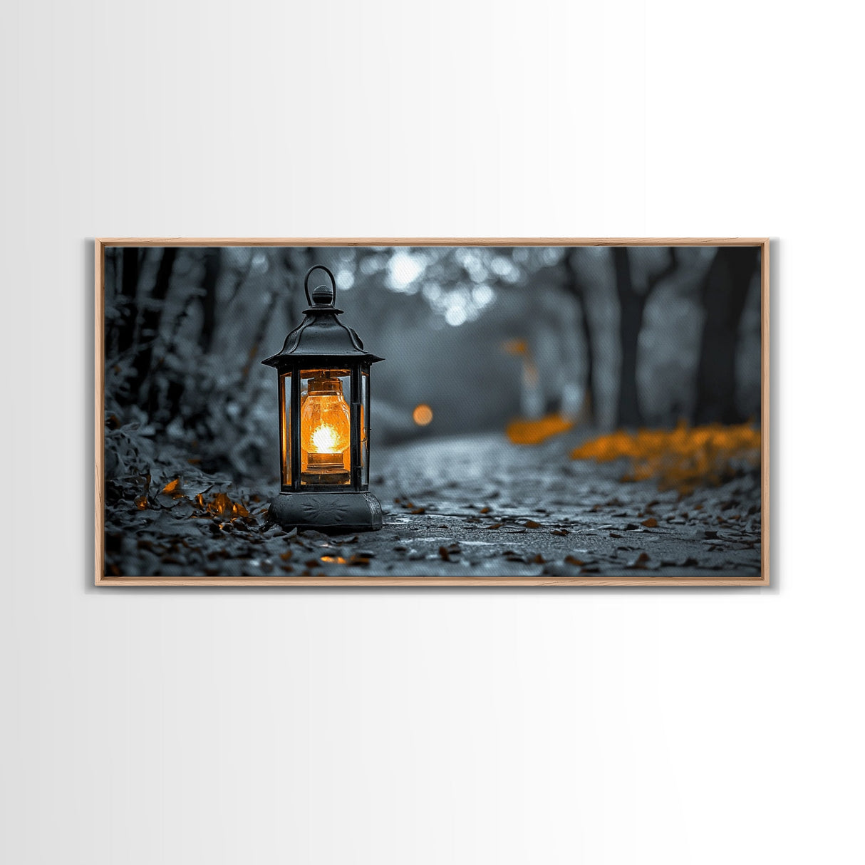 Lantern Glow, Forest Trail, Autumn Leaves, Soft Light, Framed Canvas Print, Fall Wall Art, Rustic Entryway Decor, Nature Photography Print
