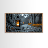 Lantern Glow, Forest Trail, Autumn Leaves, Soft Light, Framed Canvas Print, Fall Wall Art, Rustic Entryway Decor, Nature Photography Print