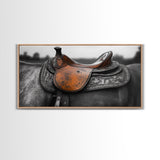 Western Saddle, Leather Detail, Horseback Art, Rustic Charm, Framed Canvas Print, Cowboy Wall Art, Farmhouse Decor, Equestrian Living Room