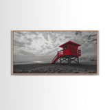 Red Lifeguard Tower, Beachscape, Dramatic Sky, Coastal Life, Framed Canvas Print, Modern Beach Wall Art, Bold Bathroom Decor