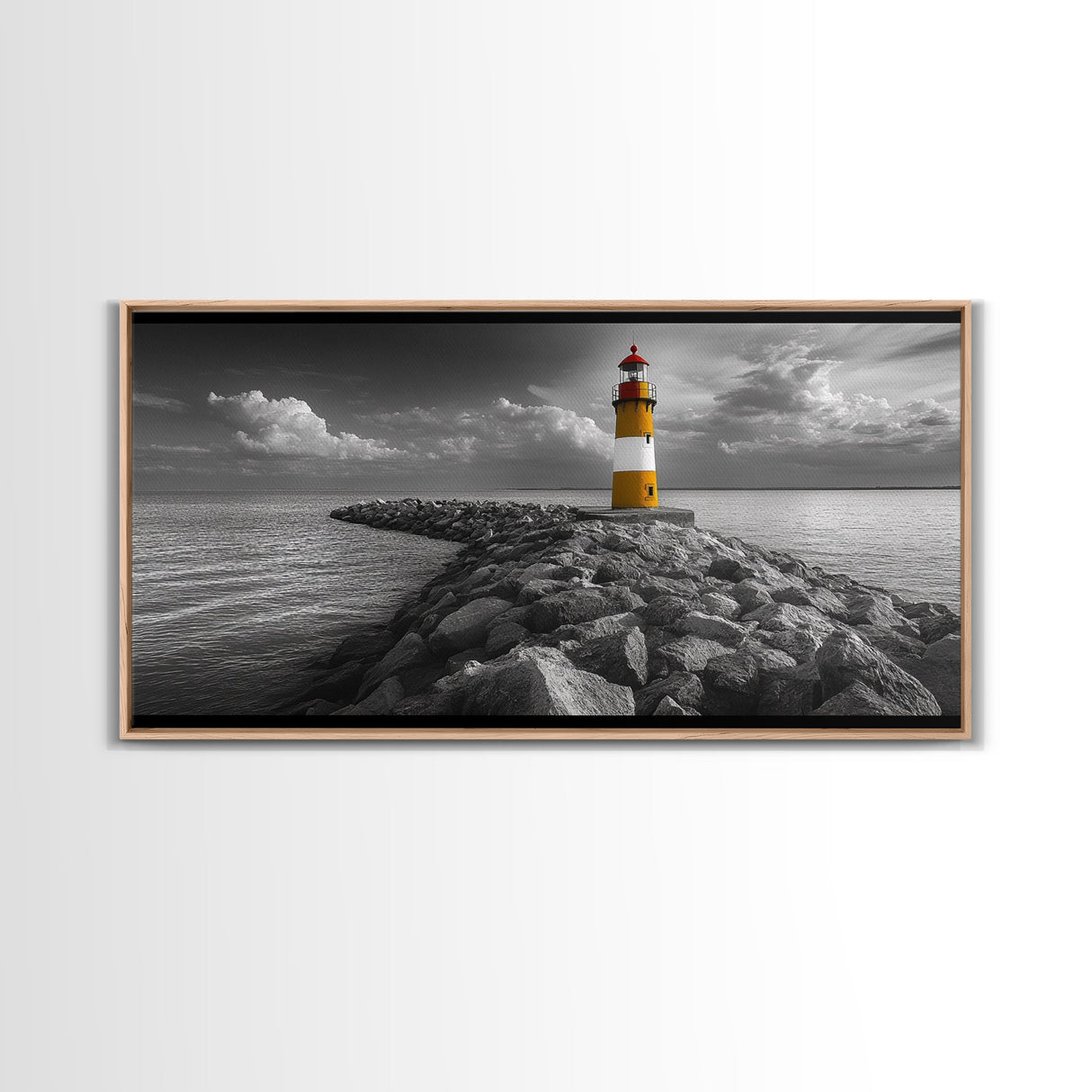 Yellow Lighthouse, Stone Jetty, Coastal Clouds, Nautical Scene, Framed Canvas Print, Coastal Wall Art, Office Decor, Lighthouse Photography