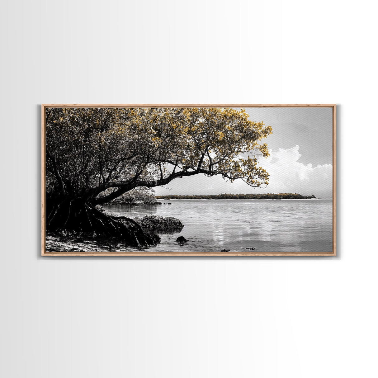 Mangrove Tree, Coastal Roots, Golden Leaves, Ocean View, Framed Canvas Print, Beach House Art, Nature Wall Decor, Minimal Coastal Vibe