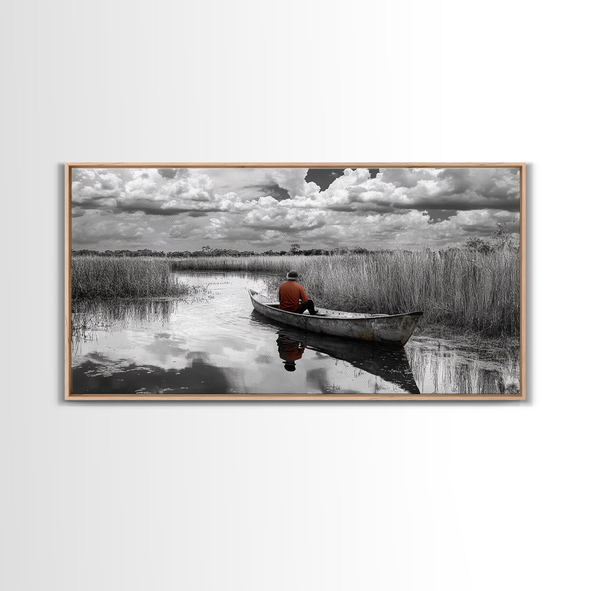 Solitary Canoe, Peaceful Waters, Cloudy Sky, Red Shirt, Framed Canvas Print, Nature Explorer Gift, Cabin Wall Art, Rustic Fall Scene