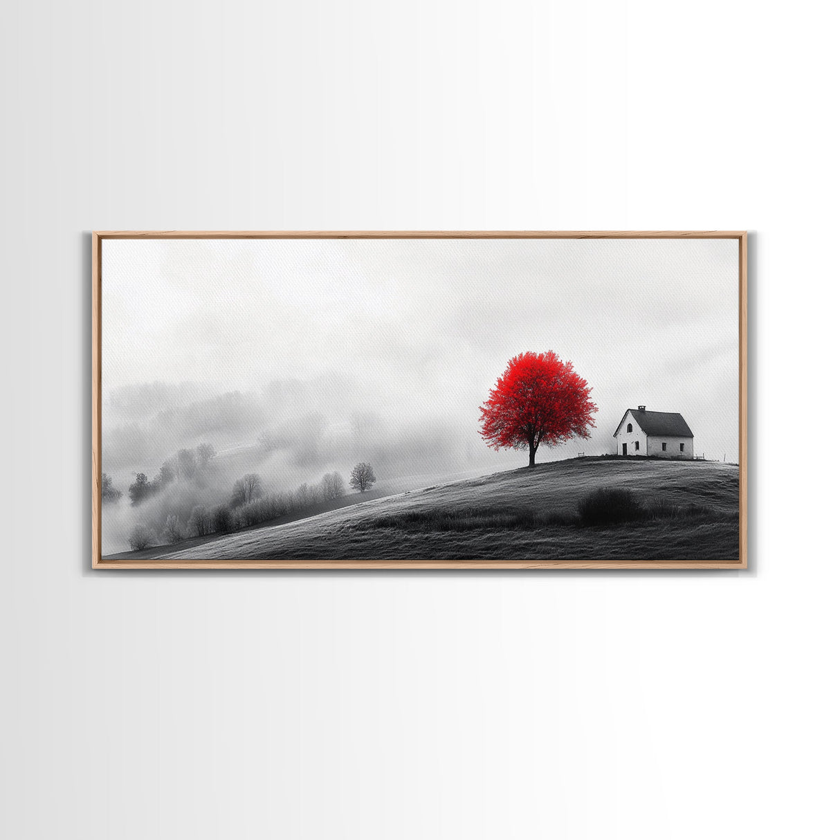 Red Tree Hilltop, Serene Winter Landscape, Peaceful Country Decor, Misty Morning Wall Art, Framed Canvas Print, Minimalist Bedroom Art