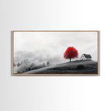 Red Tree Hilltop, Serene Winter Landscape, Peaceful Country Decor, Misty Morning Wall Art, Framed Canvas Print, Minimalist Bedroom Art