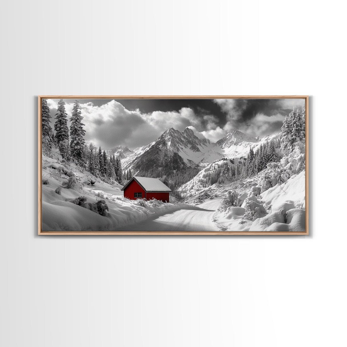 Red Cabin, Winter Mountains, Snow Forest, Canvas Print, Christmas Wall Art, Rustic Lodge Decor, Landscape Photography, Bedroom Art