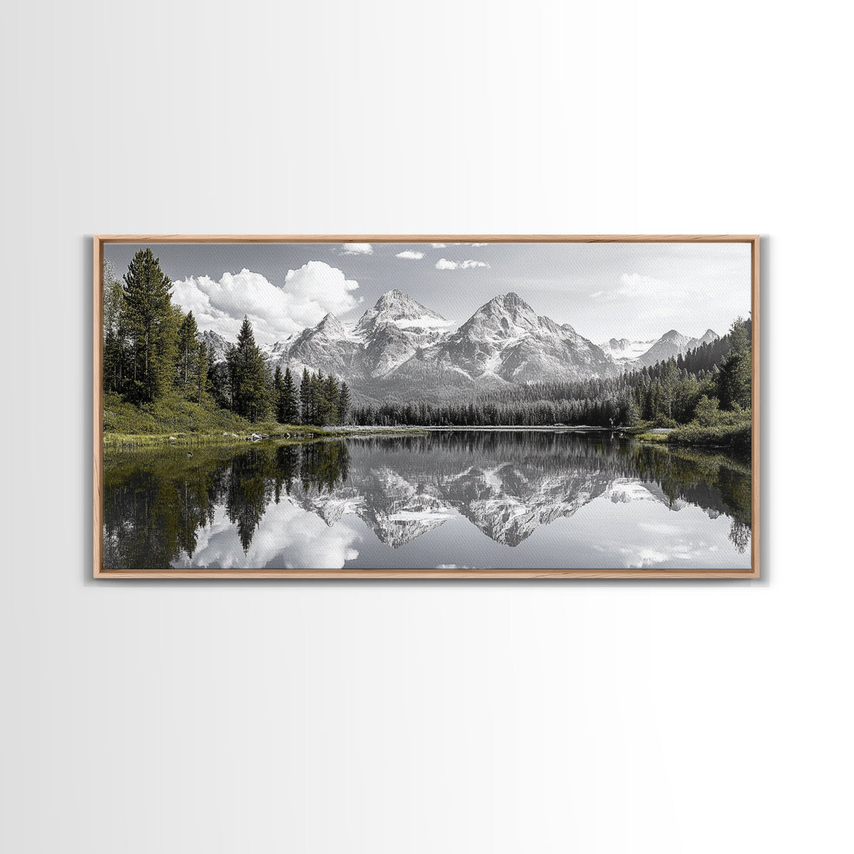 Serene Lake, Snowy Peaks, Forest Reflection, Canvas Print, Nature Photography, Modern Living Room Art, Black White Green Decor