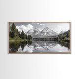 Serene Lake, Snowy Peaks, Forest Reflection, Canvas Print, Nature Photography, Modern Living Room Art, Black White Green Decor