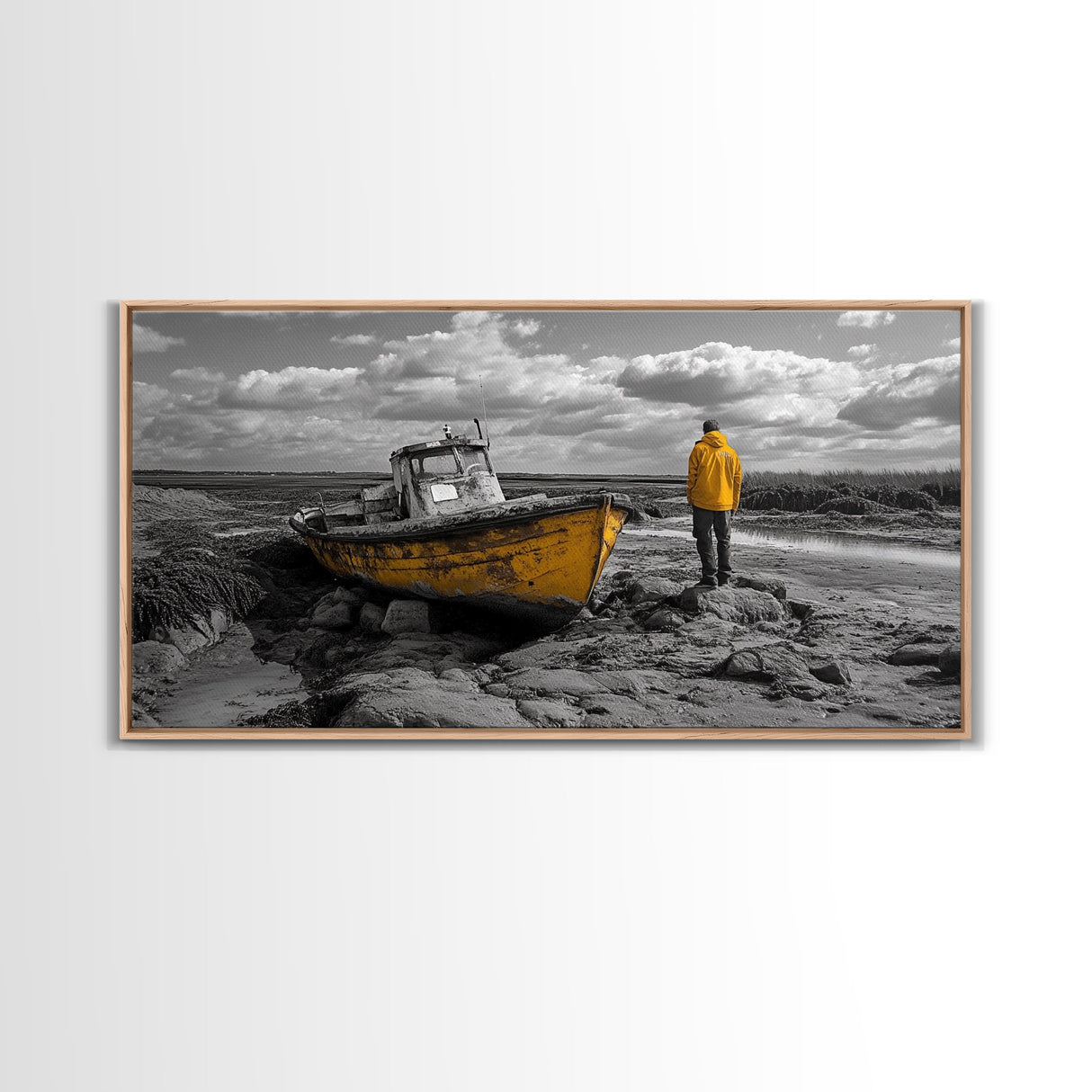 Yellow Boat, Lonely Man, Moody Shore, Framed Canvas Print, Coastal Wall Art, Nautical Decor, Masculine Home Office Style