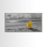 Yellow Chair, Tranquil Beach, Ocean Horizon, Canvas Print, Minimalist Beach Wall Art, Guest Room Decor, Calm Coastal Scene