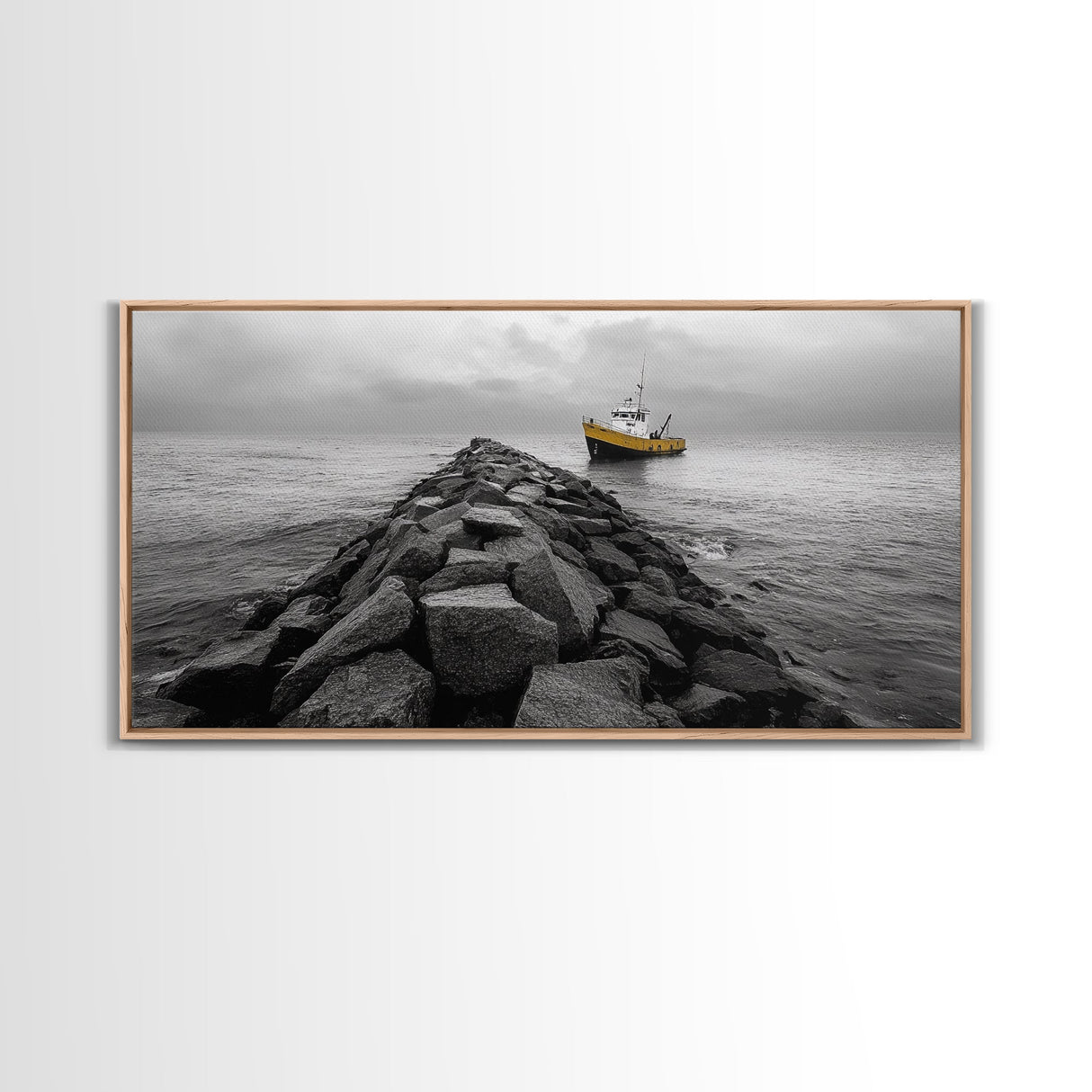 Ship At Sea, Yellow Boat, Ocean Journey, Nautical Photography, Canvas Print, Coastal Wall Art, Bathroom Decor, Minimalist Ocean Art
