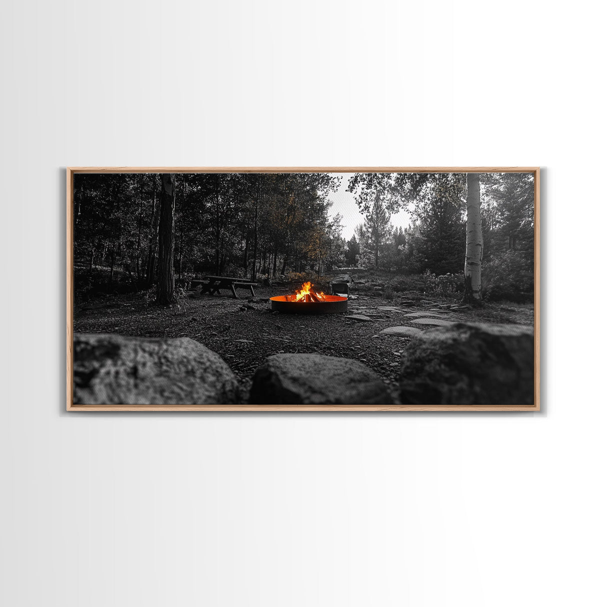 Forest Campfire, Glowing Flames, Outdoor Retreat, Cozy Autumn, Framed Canvas Print, Rustic Wall Decor, Fall Living Room Art, Nature Scene