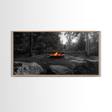 Forest Campfire, Glowing Flames, Outdoor Retreat, Cozy Autumn, Framed Canvas Print, Rustic Wall Decor, Fall Living Room Art, Nature Scene