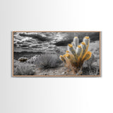Golden Bloom Cactus, Desert Storm Landscape, Framed Canvas Print, Rustic Decor, Boho Western Art, Entryway Wall Art, Autumn Style