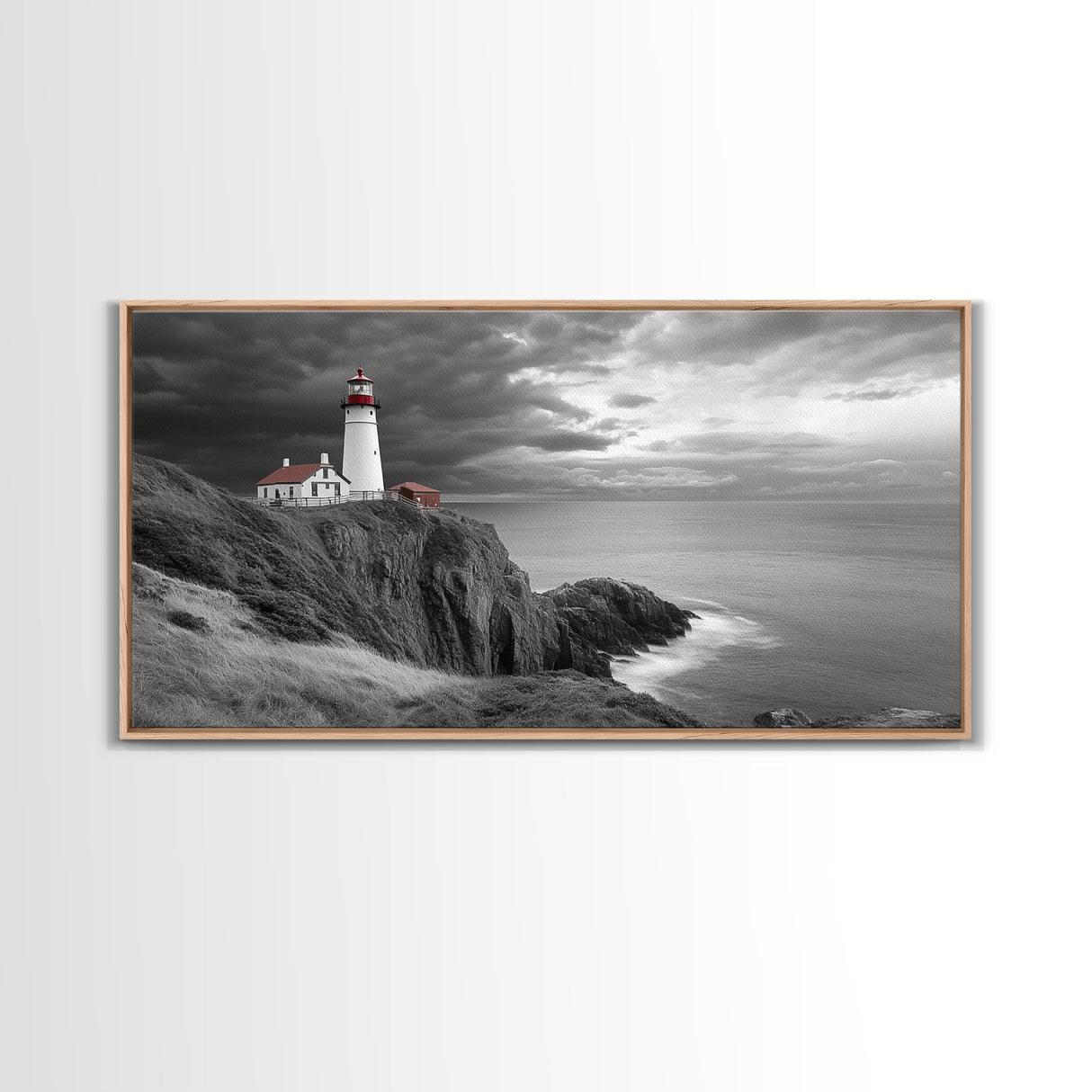 Lighthouse Ocean Storm, Coastal Cliff Light, Framed Canvas Print, Nautical Wall Art, Beach House Decor, Dramatic Sky Scene, Office Art