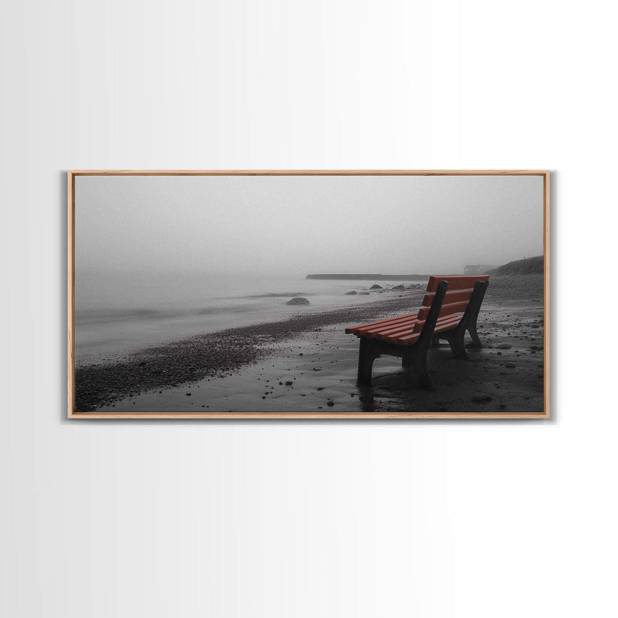 Red Bench Fog, Moody Coastal Morning, Framed Canvas Print, Minimalist Beach Wall Art, Modern Entryway Decor, Black and White Vibes