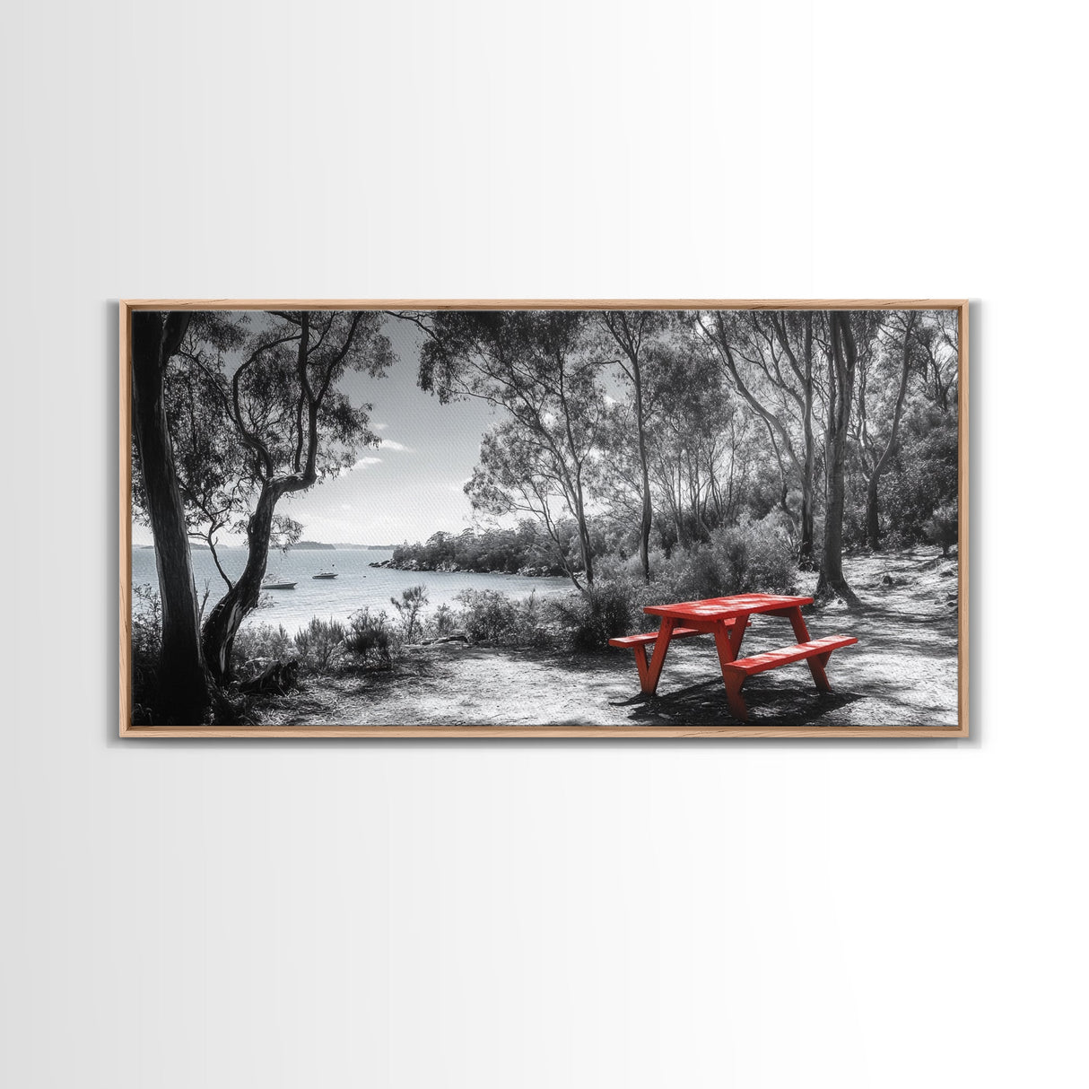 Red Picnic Table, Lakeside Spot, Forest Escape, Outdoor Moment, Framed Canvas Print nature wall art, rustic cabin decor, adventure print