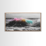 Rainbow Ocean Wave, Vibrant Sea Spray Art, Color Explosion Surf, Framed Canvas Print, Bathroom Wall Art, Coastal Modern Abstract