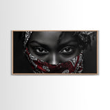 Fierce Eyes, Red Bandana, Bold Portrait, Afro Art, Framed Canvas Print, Bedroom Wall Art, Powerful Gaze, Monochrome With Red Accent