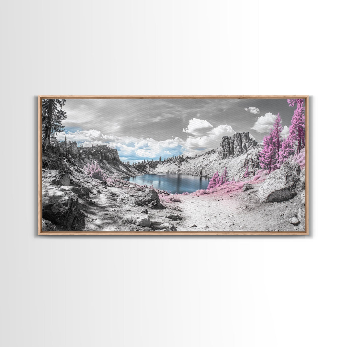 Surreal Landscape, Pink Trees, Mountain Lake, Framed Canvas Print, Fantasy Nature Art, Dreamy Decor, Bedroom Wall Art, Nature Surrealism