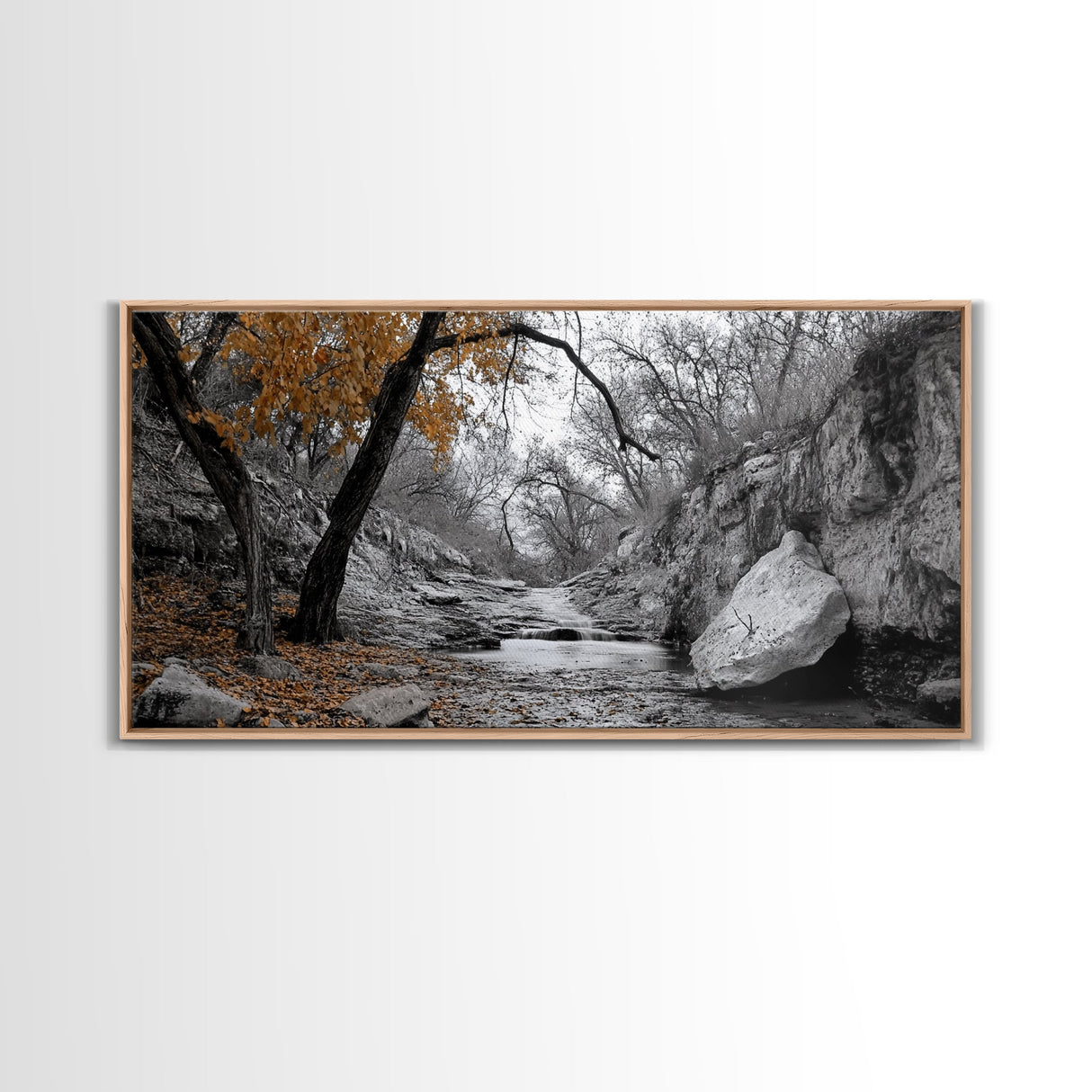 Autumn Stream, Orange Leaves, Waterfall Path, Framed Canvas Print, Fall Wall Art, Rustic Living Room Decor, Seasonal Nature Photography