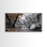 Autumn Stream, Orange Leaves, Waterfall Path, Framed Canvas Print, Fall Wall Art, Rustic Living Room Decor, Seasonal Nature Photography