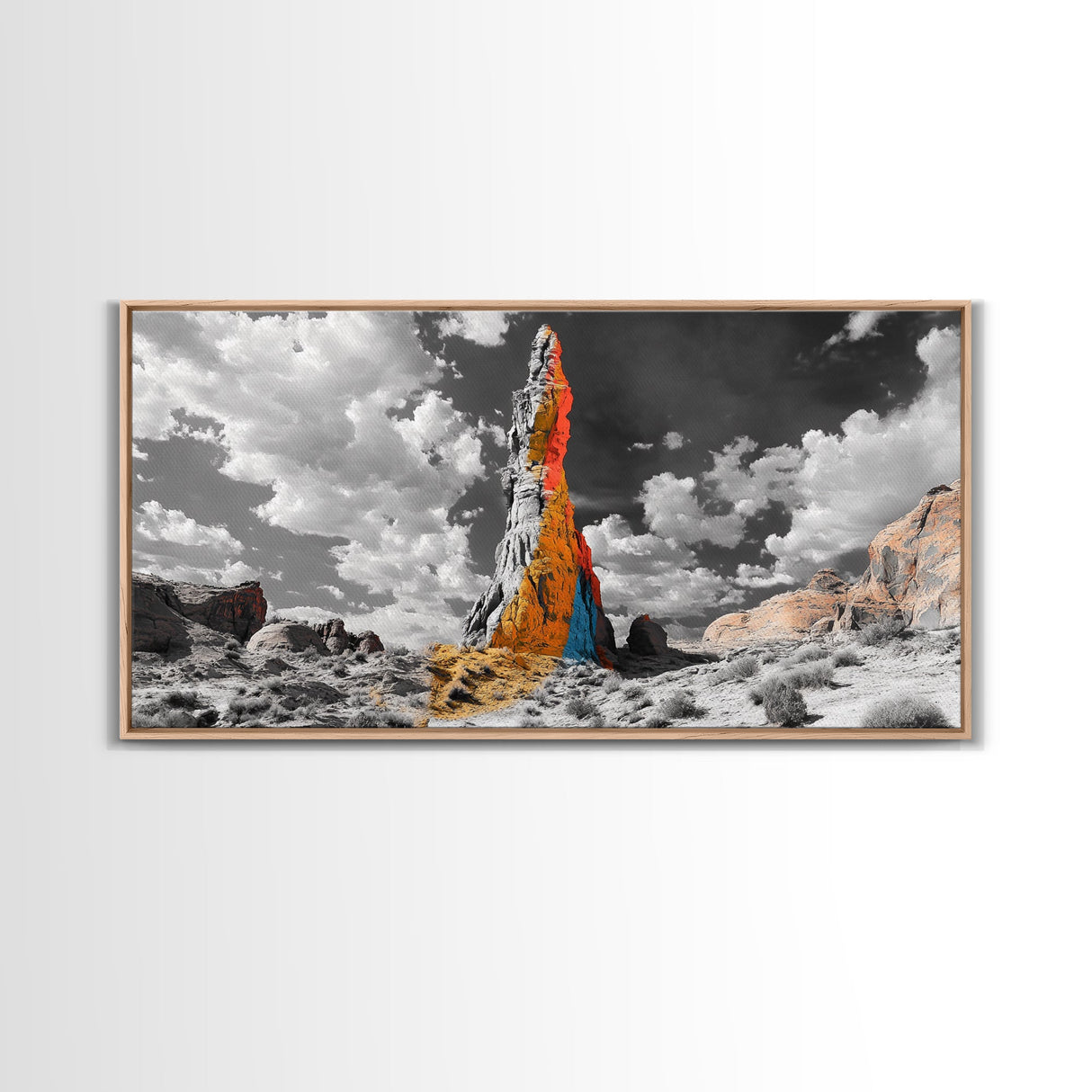 Color Rock Spire, Dramatic Sky, Desert Tower, Framed Canvas Print, Surreal Landscape Art, Southwest Decor, Living Room Adventure Vibe