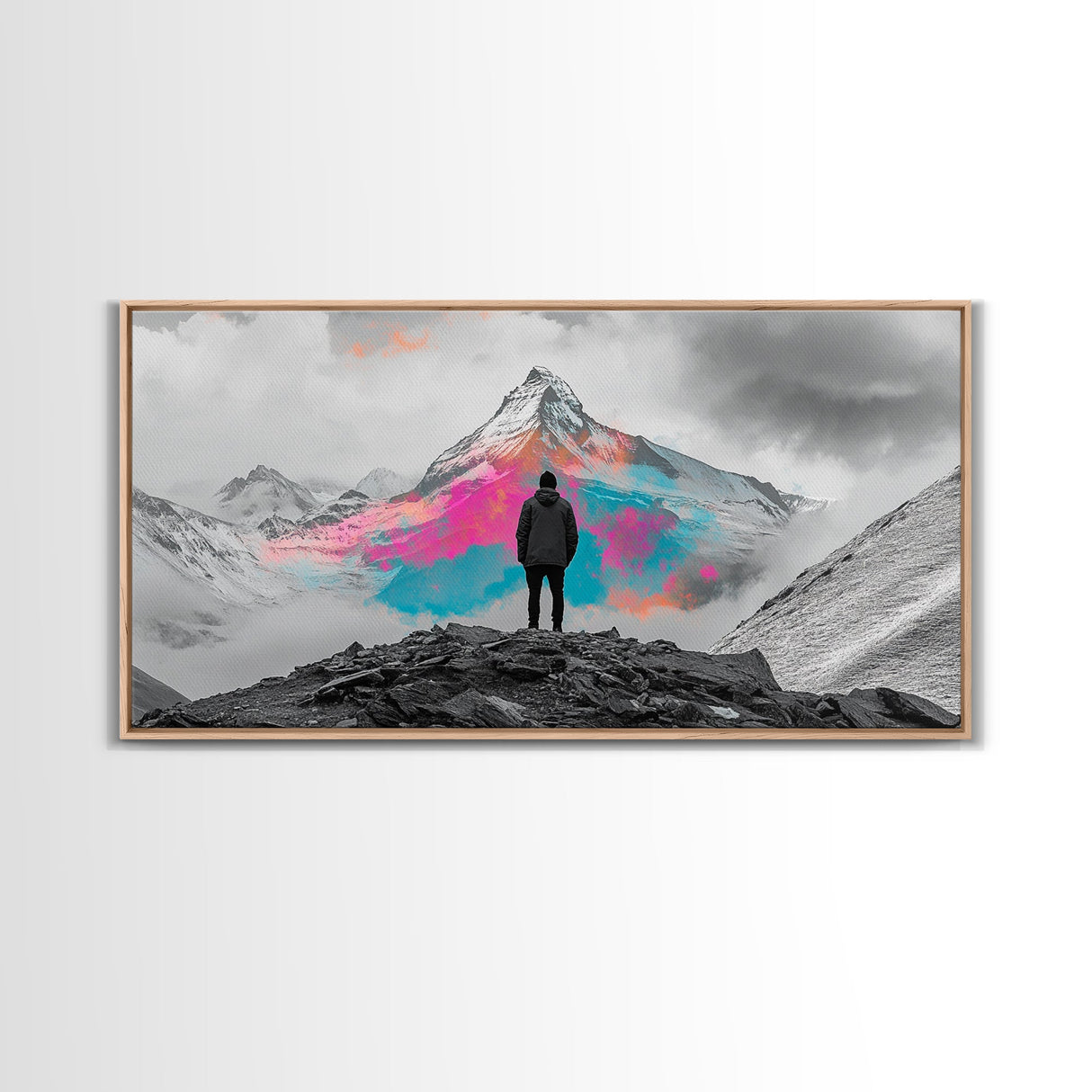 Rainbow Mountain, Vibrant Summit, Hiker Adventure, Canvas Print, Surreal Landscape Art, Wanderlust Wall Decor, Modern Office Artwork