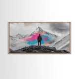 Rainbow Mountain, Vibrant Summit, Hiker Adventure, Canvas Print, Surreal Landscape Art, Wanderlust Wall Decor, Modern Office Artwork
