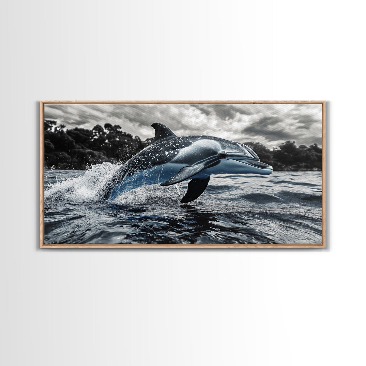 Jumping Dolphin, Ocean Splash, Monochrome Water, Framed Canvas Print, Coastal Wall Art, Bathroom Nautical Decor, Marine Life Photography