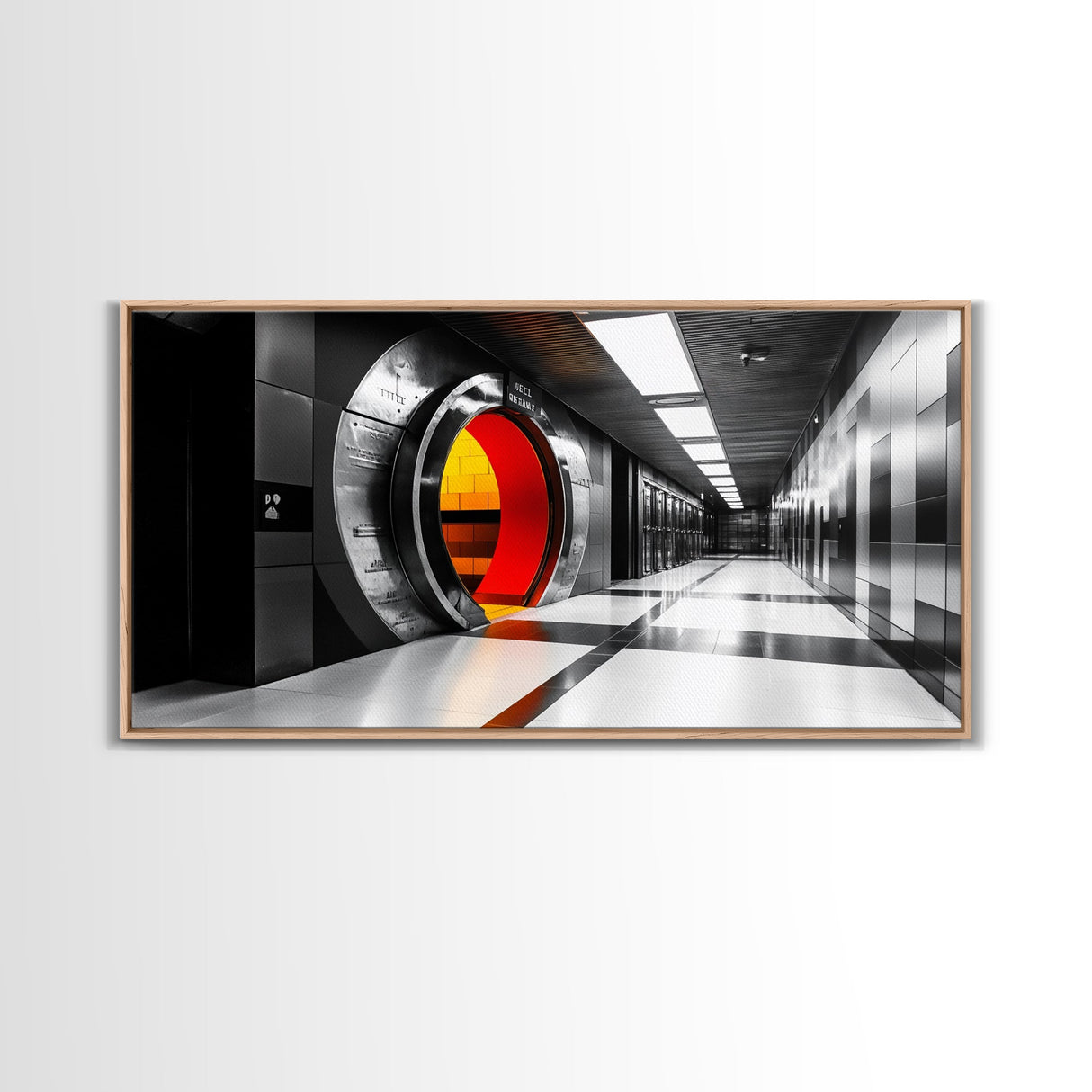 Vault Door, Futuristic Hallway, Urban Industrial Art, Sci Fi Decor, Framed Canvas Print, Office Wall Art, Red Orange Interior Glow