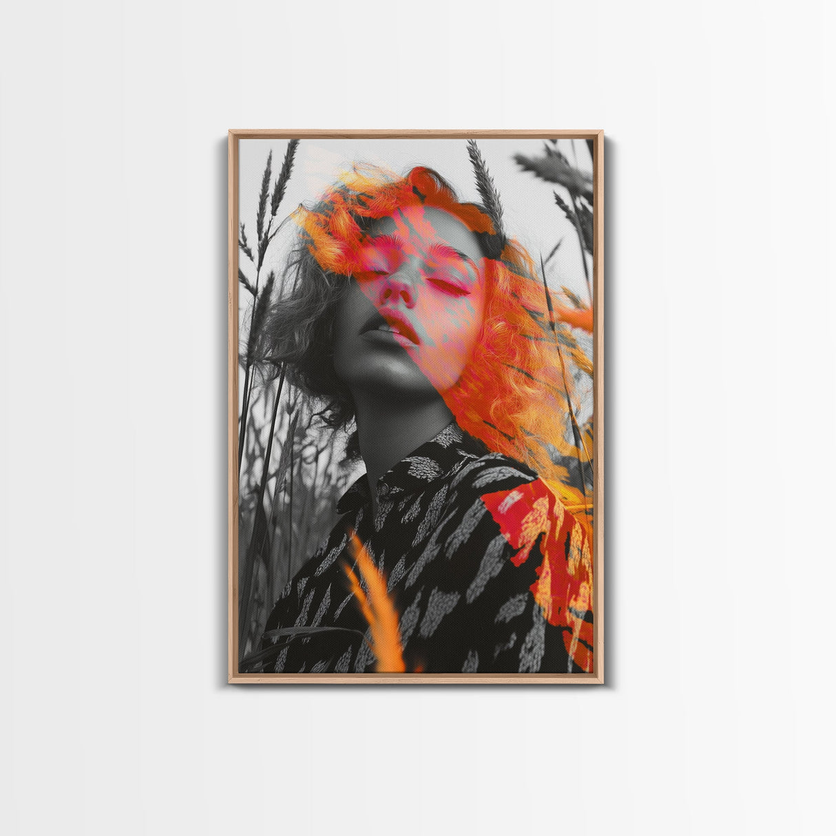 Surreal Woman, Field Portrait, Neon Face Art, Framed Canvas Print, Bold Feminine Wall Art, Bedroom Decor, Modern Pop Art Print