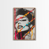 Neon Barbed Beauty, Graffiti Glam, Bold Portrait, Framed Canvas Print, Urban Wall Art, Edgy Bedroom Decor, Pop Art Style Statement
