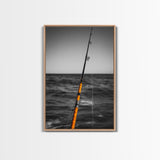 Fishing Pole, Ocean Rod, Angler Focus, Sea Horizon, Framed Canvas Print, Man Cave Wall Art, Sport Fishing Decor, Coastal Style Art