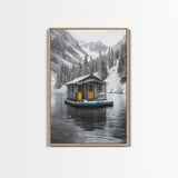 Winter Cabin, Floating House, Snowy Pines, Mountain Lake, Canvas Print, Minimalist Winter Wall Art, Cabin Decor, Neutral Nature Scene
