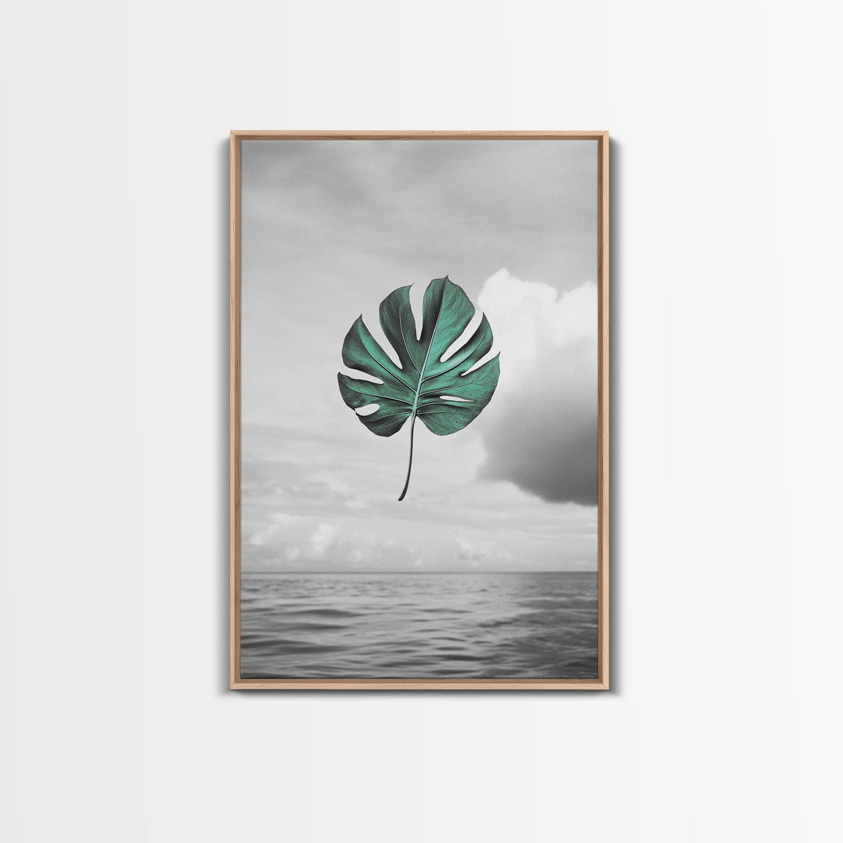Monstera Leaf, Ocean Breeze, Tropical Minimalism, Floating Leaf, Framed Canvas Print, Modern Bathroom Art, Boho Decor, Tropical Wall Art