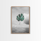 Monstera Leaf, Ocean Breeze, Tropical Minimalism, Floating Leaf, Framed Canvas Print, Modern Bathroom Art, Boho Decor, Tropical Wall Art