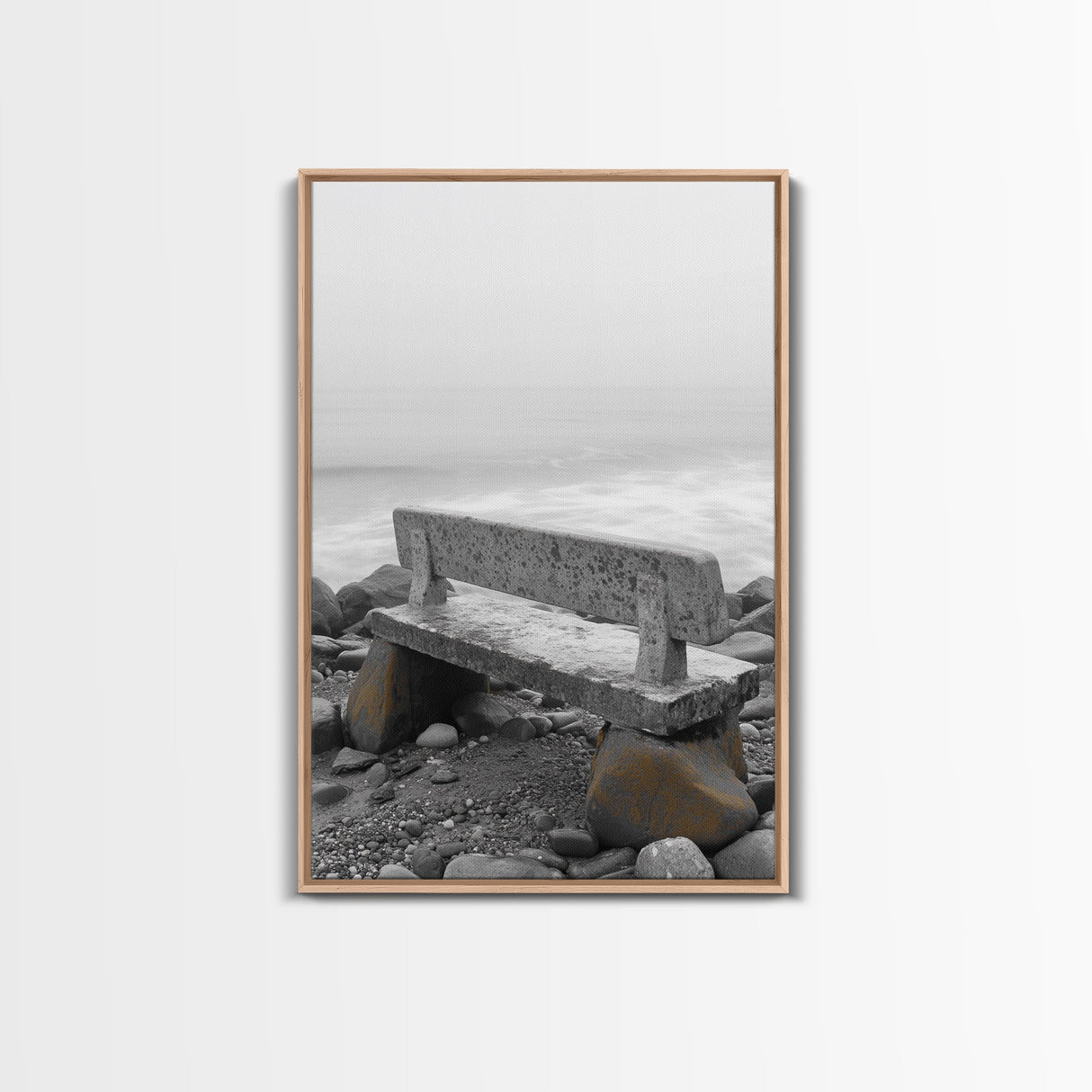 Seaside Bench, Rocky Shore, Ocean Fog, Coastal Calm, Framed Canvas Print, Minimalist Beach Art, Coastal Decor, Serene Ocean View