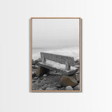 Seaside Bench, Rocky Shore, Ocean Fog, Coastal Calm, Framed Canvas Print, Minimalist Beach Art, Coastal Decor, Serene Ocean View