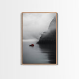 Red Boat, Foggy Coast, Seaside Cliff, Misty Water, Canvas Print, Moody Nautical Wall Art, Minimalist Ocean Decor, Scandinavian Style Art