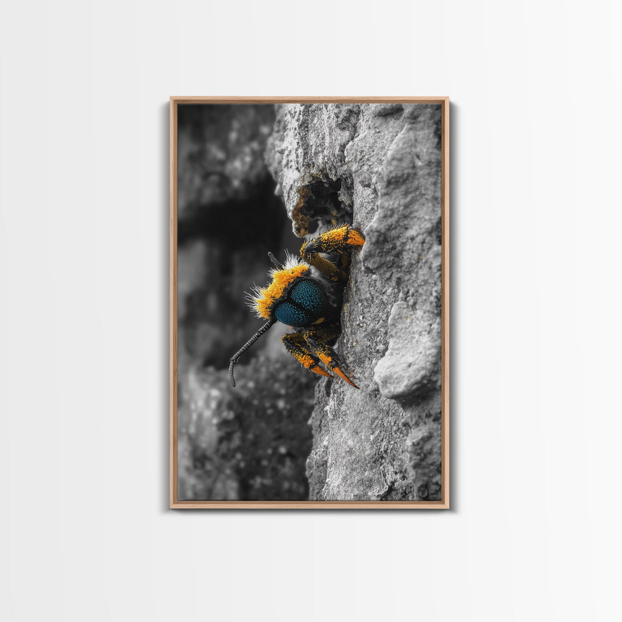 Fuzzy Bee Closeup, Insect Macro, Nature Texture, Framed Canvas Print, Wildlife Wall Art, Entomology Decor, Nature Photography