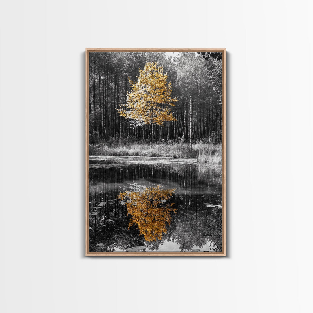 Golden Tree, Forest Reflection, Autumn Pond, Tranquil Waters, Canvas Print, Fall Nature Wall Art, Zen Bathroom Decor, Minimalist Art